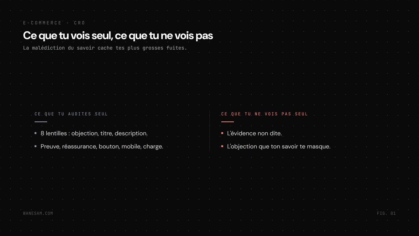 Deux colonnes opposant ce que tu audites seul (les huit lentilles) et ce que tu ne vois pas seul (ton angle mort, l'évidence que tu ne dis pas).