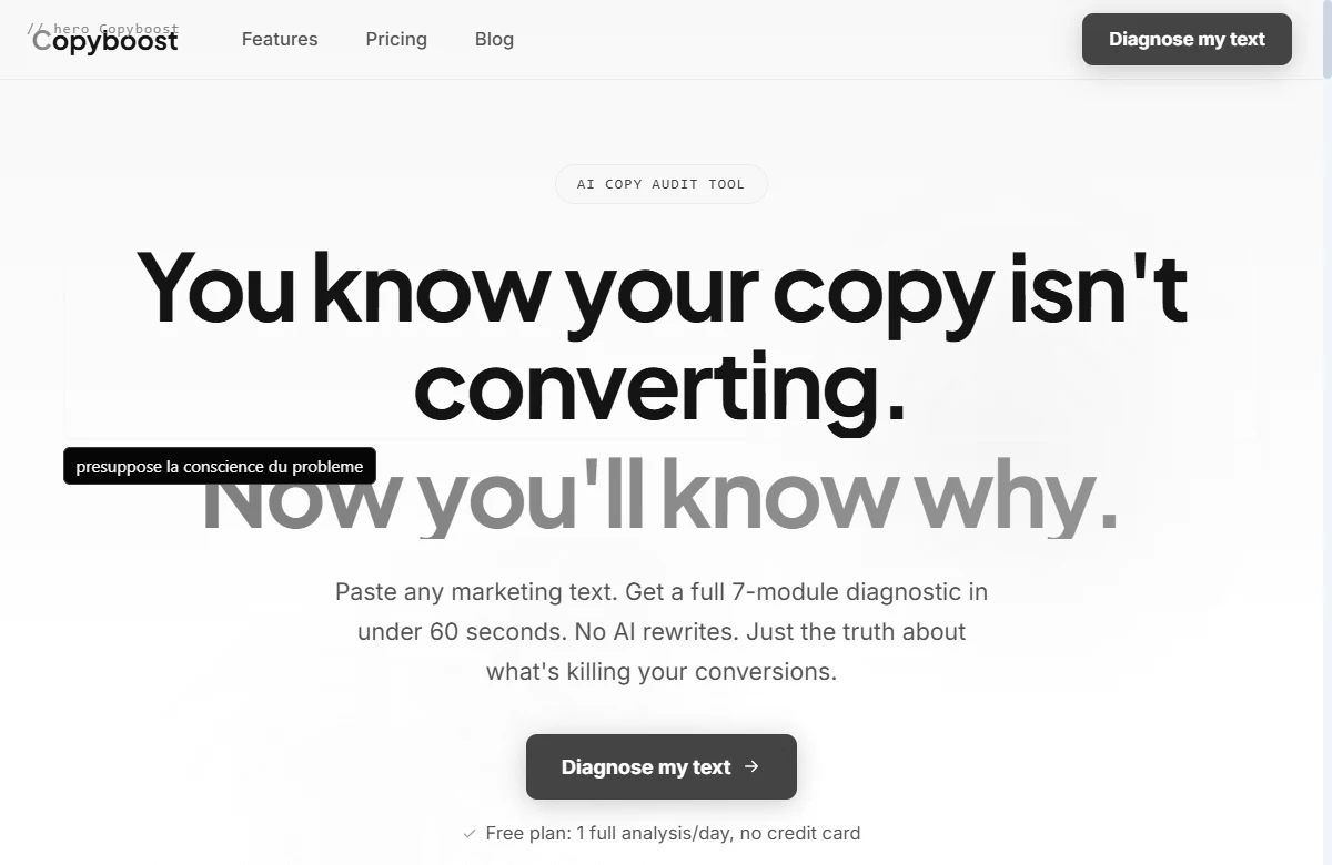 Hero Copyboost, l'accroche surlignée avec une annotation, elle présuppose la conscience du problème.