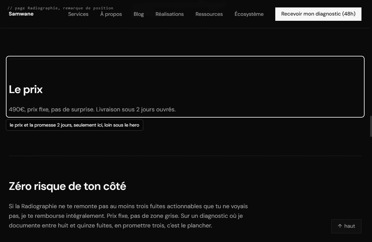 Page Radiographie, la section prix repérée bas dans la page avec une flèche, et la promesse deux jours à remonter dans le hero.