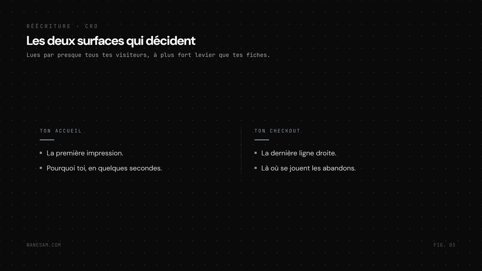 Les deux surfaces réécrites mises côte à côte, la page d'accueil et le tunnel de checkout d'une boutique en ligne.